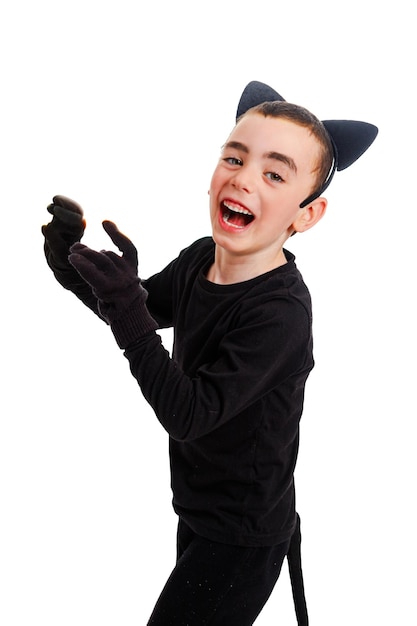 Menino vestido como um gato preto diferentes emoções isoladas Purim Halloween