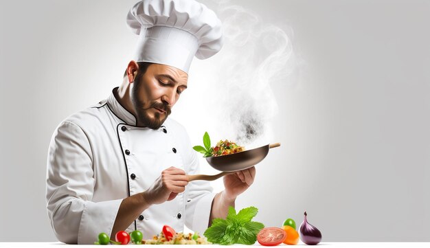 Menino vestido de branco cozinha em restaurante comida chique fundo branco arte gerada por Ai