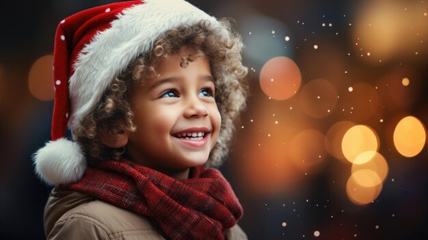 Menino vestindo chapéu de Papai Noel com cabelo encaracolado e luzes borradas