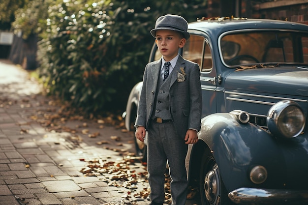 Menino vestindo um terno de 3 peças posando na frente de um automóvel dos anos 30