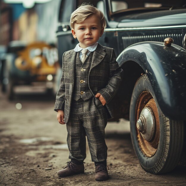 Menino vestindo um terno de 3 peças posando na frente de um automóvel dos anos 30