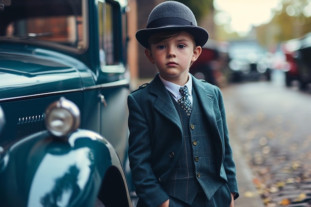 Menino vestindo um terno de 3 peças posando na frente de um automóvel dos anos 30