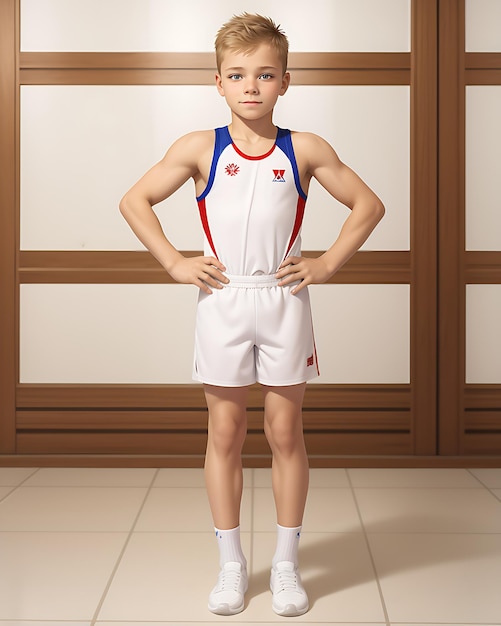 Menino vestindo uniforme de ginástica com design legal