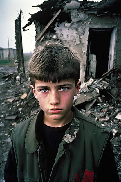 Meninos adolescentes tristes olhando para a câmera Filhos da guerra Jornalismo fotográfico IA generativa