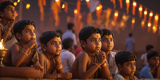 Meninos assistindo à celebração de Dusshera