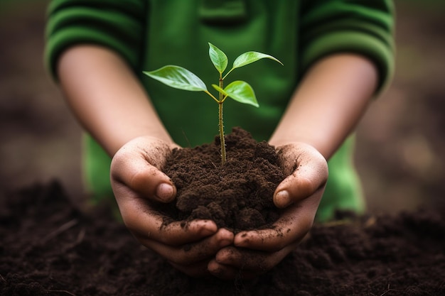 Meninos com a mão segurando uma árvore verde no fundo de pessoas plantando árvores no Dia da Terra