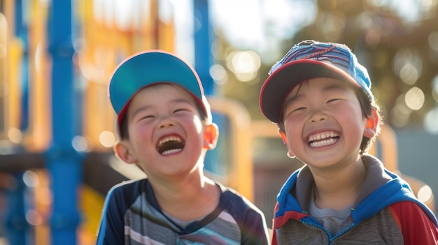 Meninos dinâmicos com bonés de beisebol compartilhando risadas alegres enquanto correm em um playground colorido durante o recreio