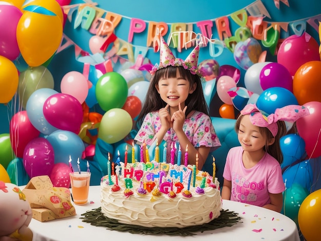 Foto meninos e meninas asiáticos felizes comemorando aniversário feriado crianças alegres amigos se divertindo e e