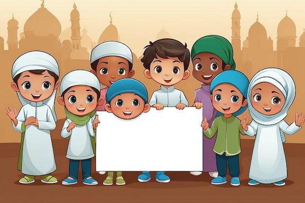 Foto meninos e meninas muçulmanos segurando um quadro branco vazio vetor de desenhos animados de crianças muçulmanas