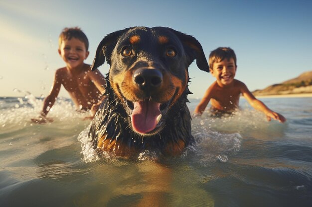 Meninos e Rottweiler curtindo o surf generativo por Ai