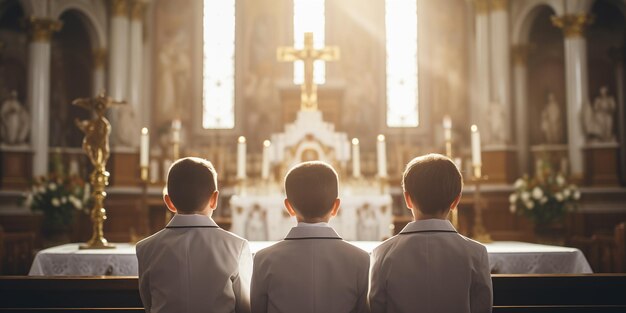 Foto meninos em frente a uma igreja com uma cruz no fundo