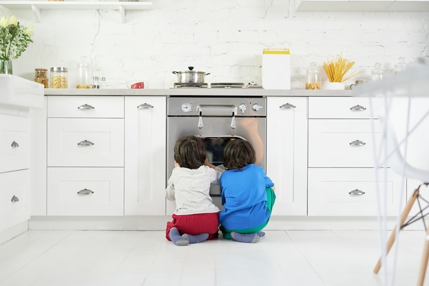 Meninos fofos latinos, gêmeos assistindo torta assando no forno, agachados na cozinha em casa. Crianças, conceito de cozinha. Visão traseira