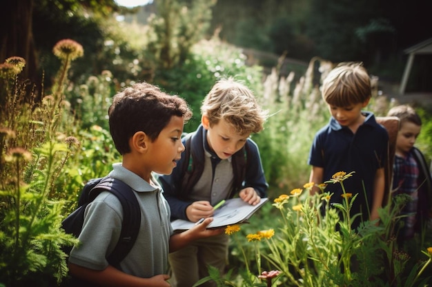 Meninos olhando para um mapa em um campo de flores.