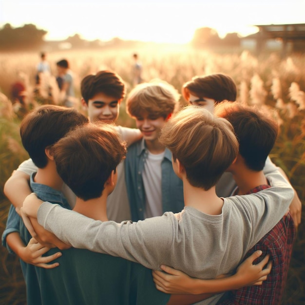 Foto meninos reunidos para se abraçarem no campo.