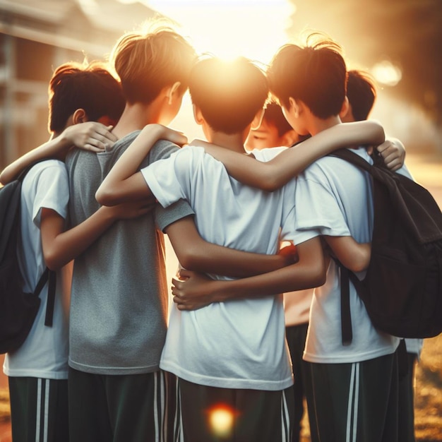 Meninos reunidos para se abraçarem no campo.