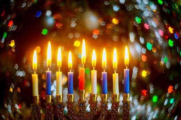 Menorá com velas acesas para o Hanukkah na superfície de brilho com luzes desfocadas Feriado judaico