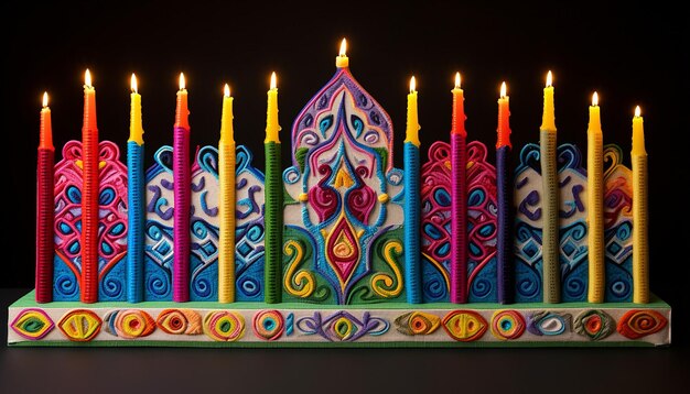 El menorá de Hanukkah en 3D es un bordado multicolor.