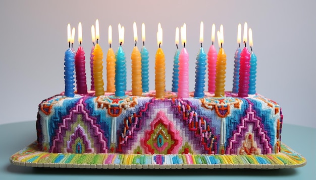 El menorá de Hanukkah en 3D es un bordado multicolor.