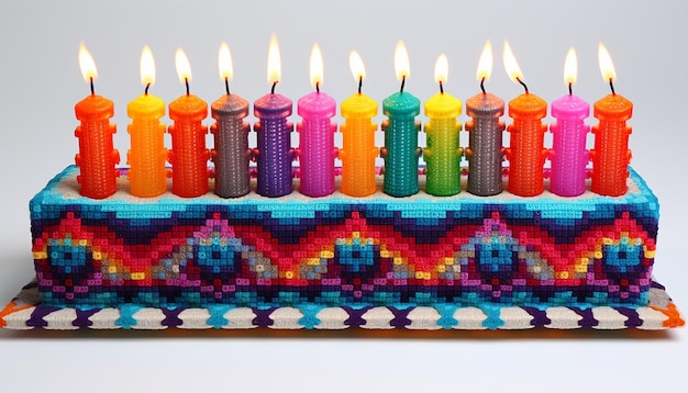 El menorá de Hanukkah en 3D es un bordado multicolor.