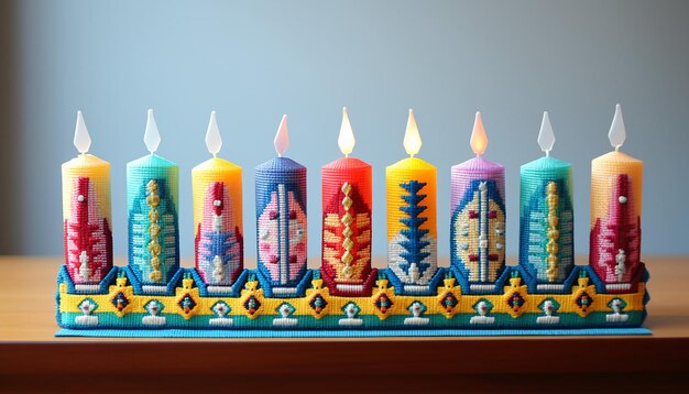 El menorá de Hanukkah en 3D es un bordado multicolor.