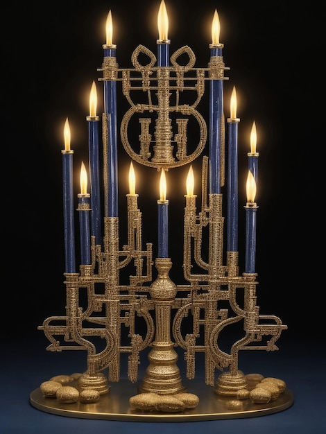 Menora de Hanukkah de oro con velas blancas encendidas sobre un fondo de brillo azul