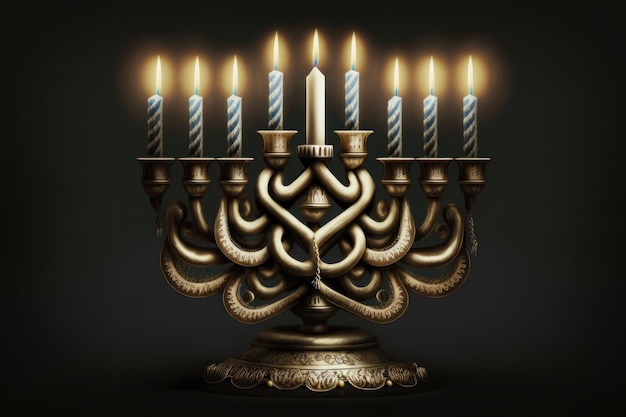 Una menorá de Hanukkiah se enciende con velas de Hanukkah como parte de las festividades judías contra un fondo negro AI generativo