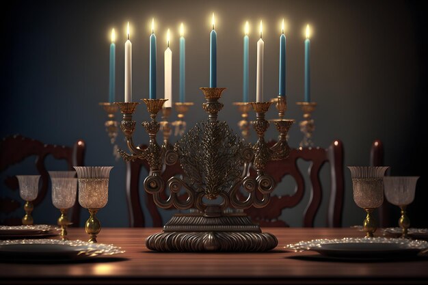 Menorah de Hanukkah en arte generado por la red neuronal de la mesa festiva tradicional judía