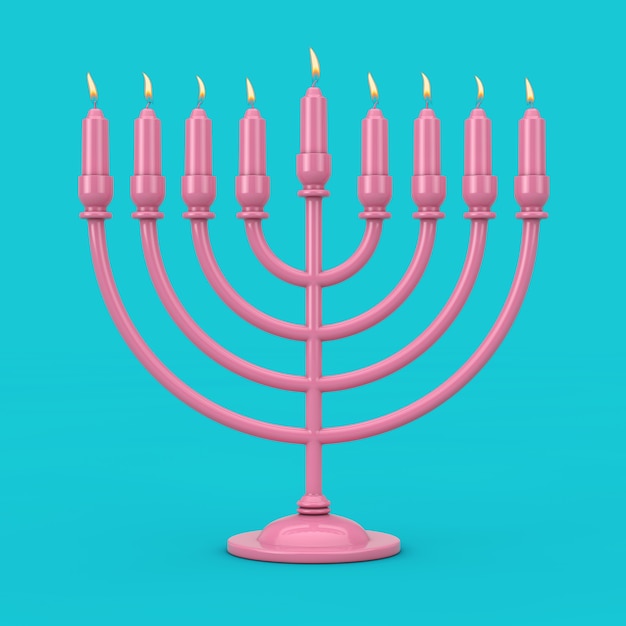 Menorah de Hanukkah rosa retro con duotono de velas encendidas sobre un fondo azul. Representación 3D