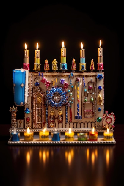 Menorah de Hanukkah con velas encendidas y dreidel creado con ai generativo