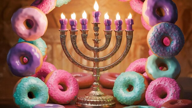 Foto menorah judía con una deliciosa rosquilla