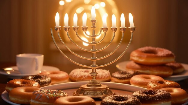 Foto menorah judía con una deliciosa rosquilla