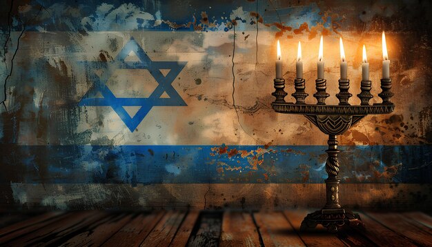 Menorah mit brennenden Kerzen für die Hanukkah-Feier und die Flagge Israels auf Grunge-Hintergrund