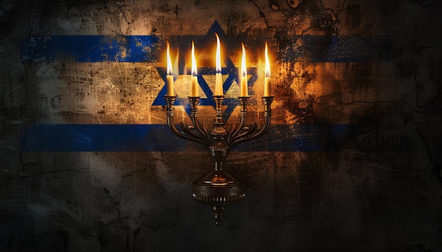 Foto menorah mit brennenden kerzen für die hanukkah-feier und die flagge israels auf grunge-hintergrund