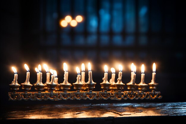 Foto menorah mit leuchtenden kerzen in der nacht