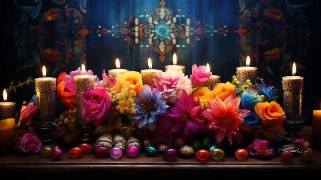 Una Menorah rodeada de velas encendidas y flores vibrantes que crean un festejo visualmente impresionante