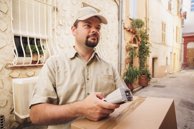 Mensageiro com caixa de papelão de pé ao ar livre