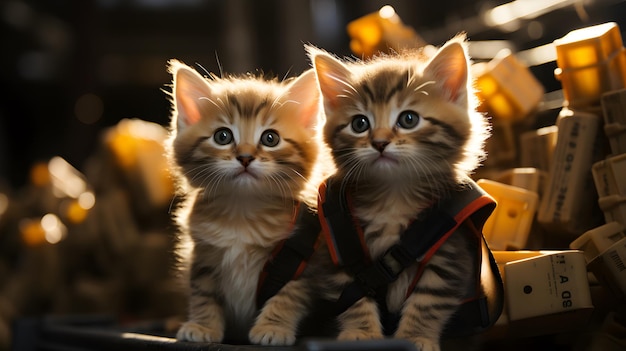 Mensageiros de gatinhos adoráveis entregando fofura no armazém gerado por IA