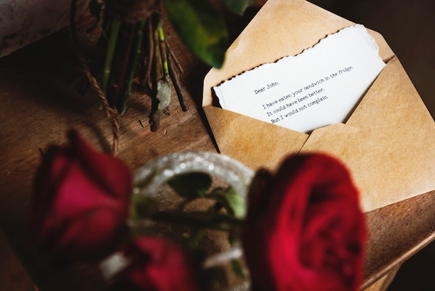 Foto mensagem de nota de envelope de carta com flor de rosas