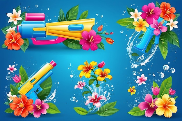 Mensagem do festival de Songkran arma de água divertida e bandeiras de design de flores da Tailândia