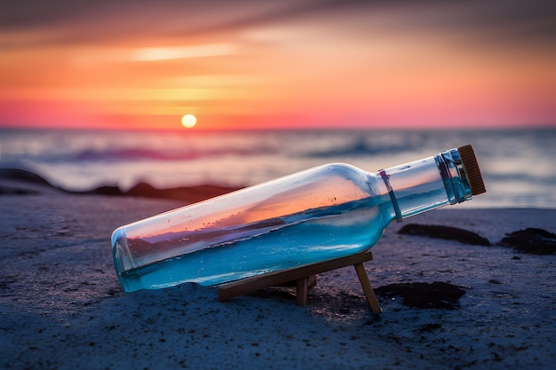 Mensagem numa garrafa arrastada à costa ao pôr-do-sol