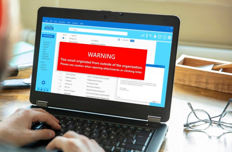 Foto mensaje de advertencia de archivos adjuntos de correo electrónico en la pantalla de un ordenador portátil virus y antivirus informáticos
