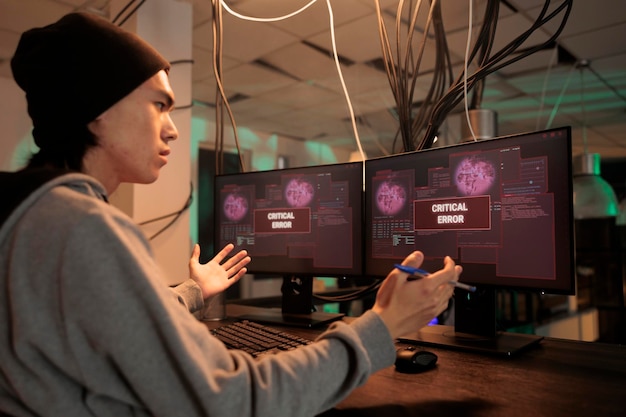 Mensaje de advertencia de error crítico en la pantalla de la computadora, piratería fallida de la base de datos, ataque cibernético. Violación de datos, ataque de ransomware, virus de Internet, hacker asiático que roba contraseña