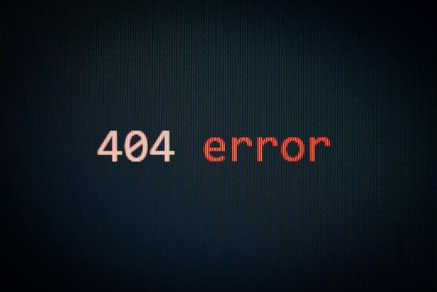 Mensaje de error 404 en la pantalla de pantalla de fondo negro Alerta de datos Sistema de red de computadora Problema de error Concepto de software