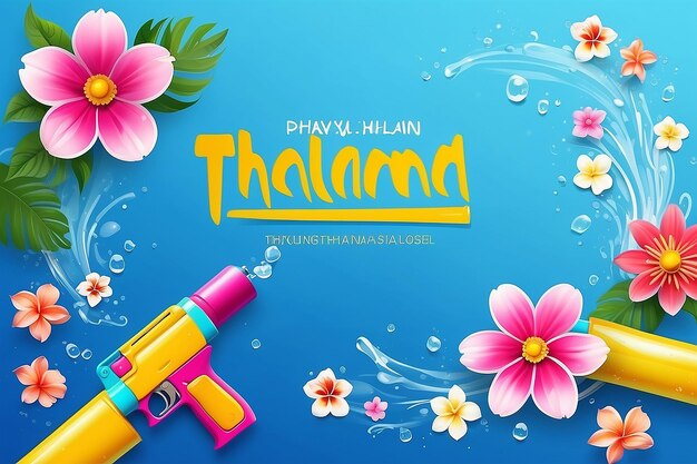 Mensaje del festival de Songkran arma de agua divertida y banderas de diseño de flores de Tailandia