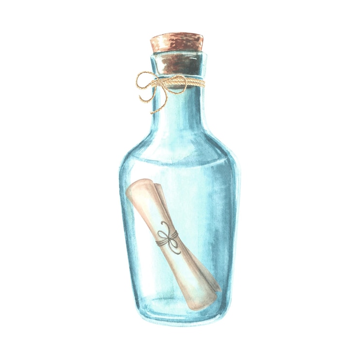 Foto mensaje en un recipiente de vidrio de botella con corcho y rollo de papel acuarela dibujada a mano