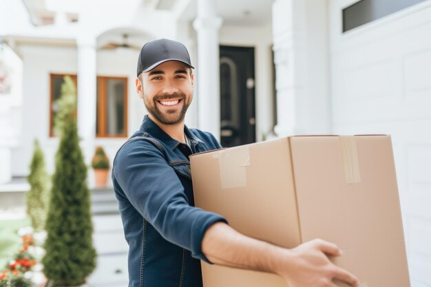 Un mensajero alegre entrega una caja a casa