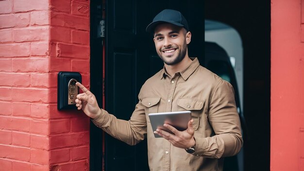 Foto el mensajero de alimentos toca el timbre de la puerta con una tableta entregando comida a la puerta