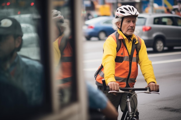 Mensajero en bicicleta navegando por el tráfico