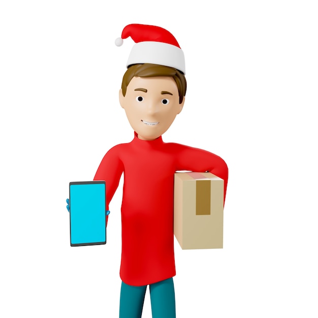 Un mensajero con una camiseta roja de Navidad y una gorra sostiene una caja de cartón y un teléfono inteligente. Concepto de servicio de entrega en línea. Ilustración 3D.