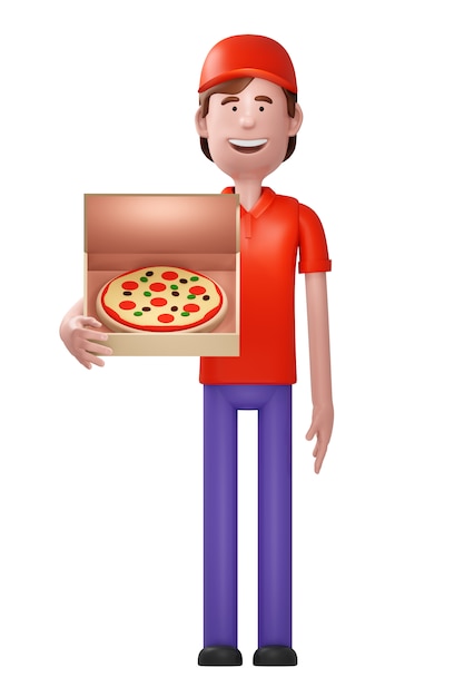 Mensajero de entrega de pizza en uniforme rojo con caja con pizza